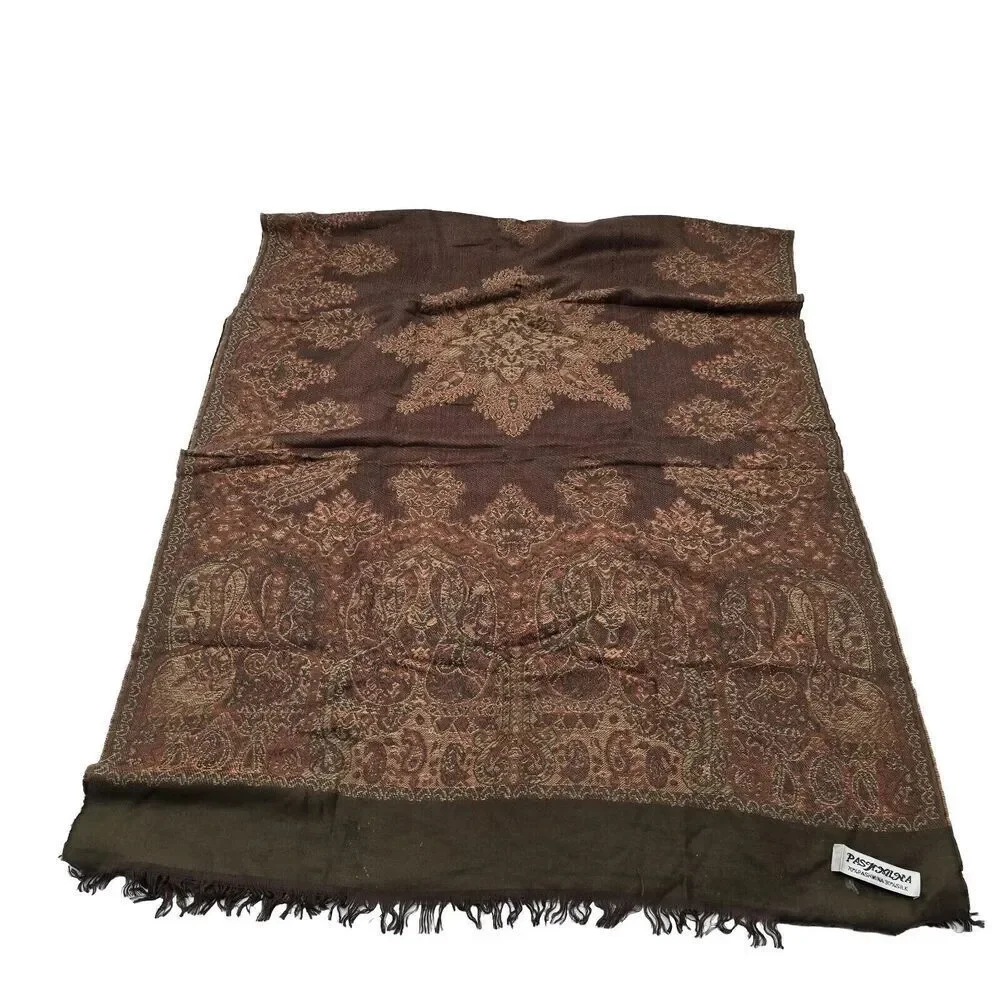 Pashmina Scarf Brown Silk Fringe Rectangle Wrap Boho Paisley 27X69